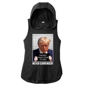 President Donald Trump Mugshot Never Surrender Ladies PosiCharge Tri-Blend Wicking Draft Hoodie Tank