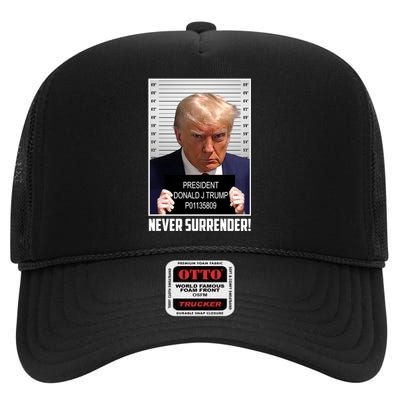 President Donald Trump Mugshot Never Surrender High Crown Mesh Back Trucker Hat