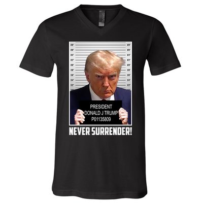 President Donald Trump Mugshot Never Surrender V-Neck T-Shirt