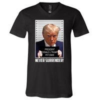 President Donald Trump Mugshot Never Surrender V-Neck T-Shirt