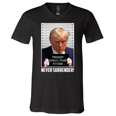 President Donald Trump Mugshot Never Surrender V-Neck T-Shirt