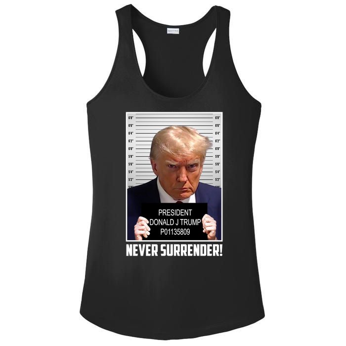 President Donald Trump Mugshot Never Surrender Ladies PosiCharge Competitor Racerback Tank