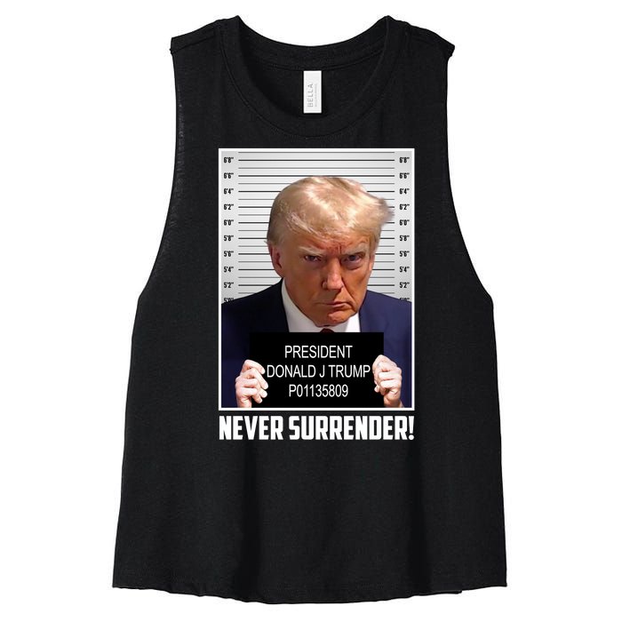 President Donald Trump Mugshot Never Surrender Women's Racerback Cropped Tank