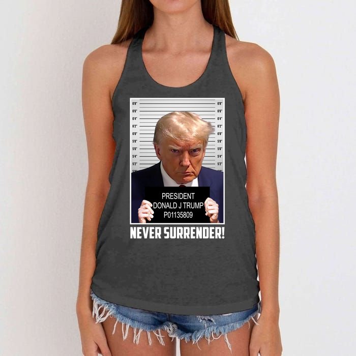 President Donald Trump Mugshot Never Surrender Women's Knotted Racerback Tank