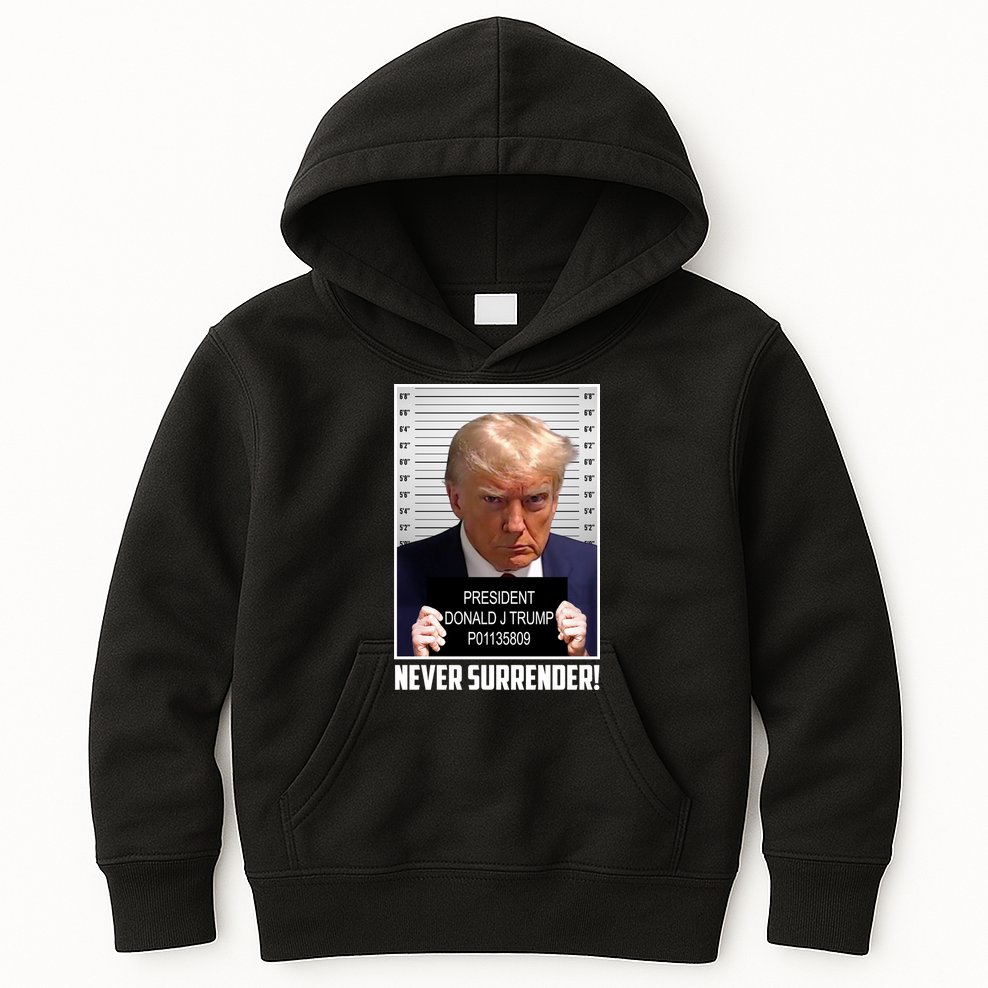 President Donald Trump Mugshot Never Surrender Kids Hoodie