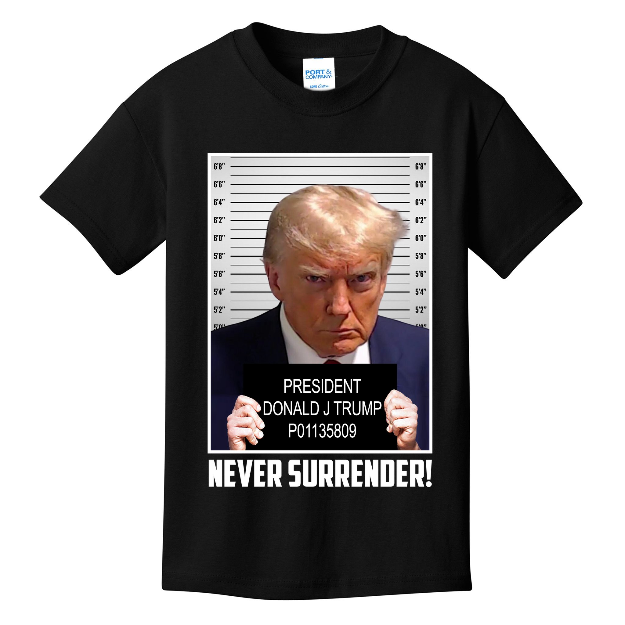 President Donald Trump Mugshot Never Surrender Kids T-Shirt