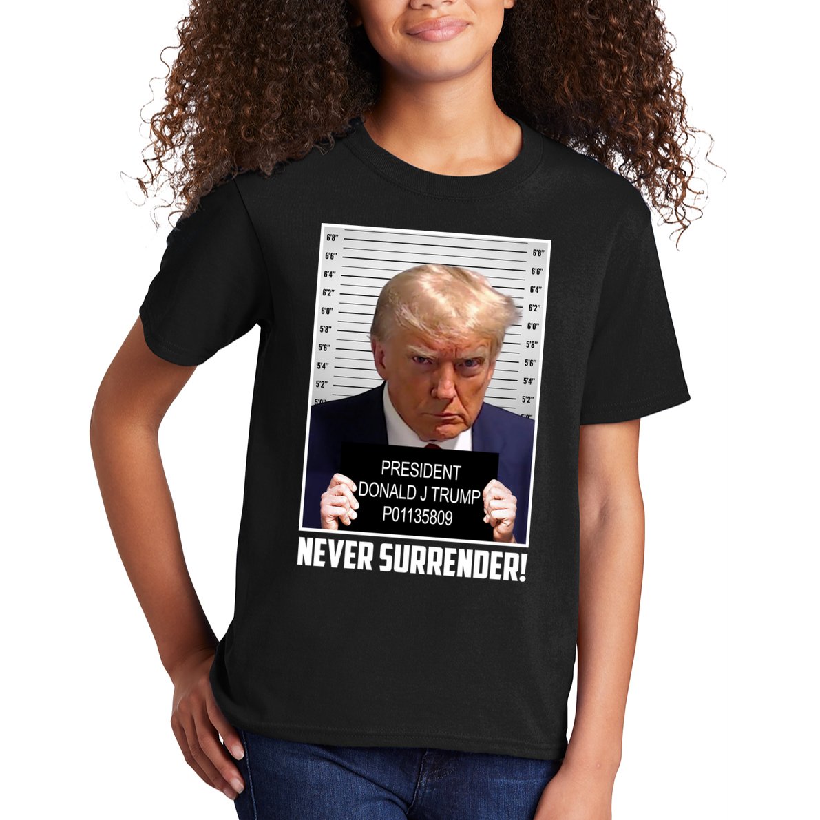 President Donald Trump Mugshot Never Surrender Kids T-Shirt