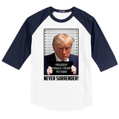 President Donald Trump Mugshot Never Surrender Baseball Sleeve Shirt