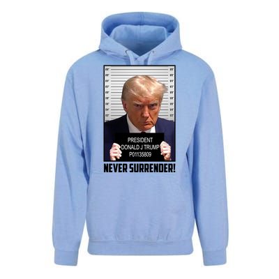 President Donald Trump Mugshot Never Surrender Unisex Surf Hoodie