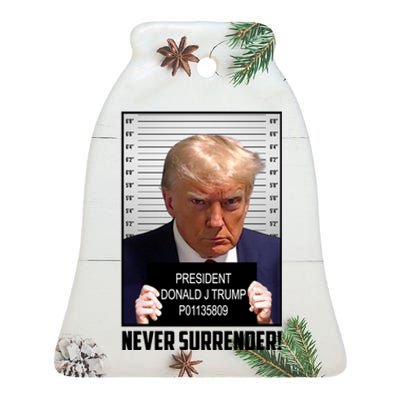 President Donald Trump Mugshot Never Surrender Ceramic Bell Ornament