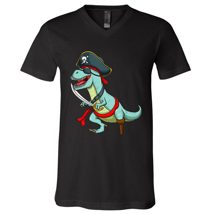 Pirate Dinosaur T Rex Funny Tyrannosaurus Halloween V-Neck T-Shirt