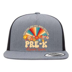 Prek Dream Team Retro Groovy Rainbow Back To School Teacher Flat Bill Trucker Hat