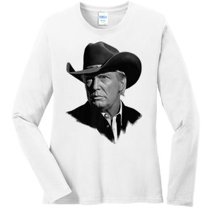 President Donald Trump In Cowboy Hat 2024 Usa Election Vote Premium Ladies Long Sleeve Shirt