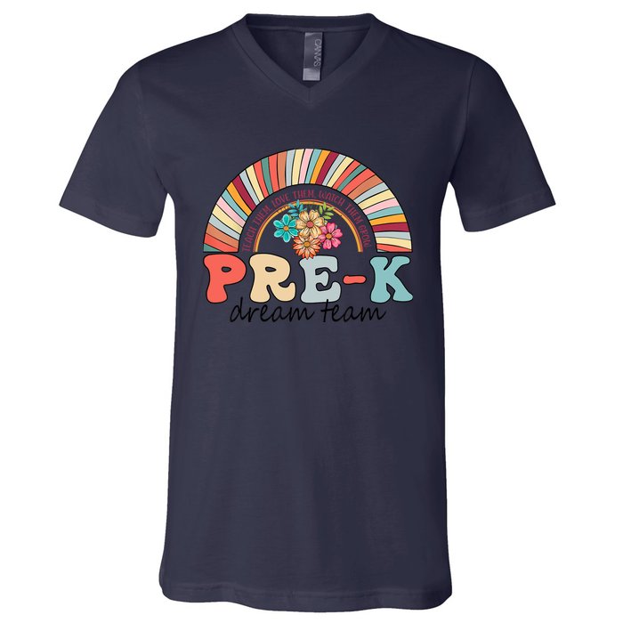 Pre-K Dream Team Rainbow Kinder Pre-K Teacher Back to School V-Neck T-Shirt