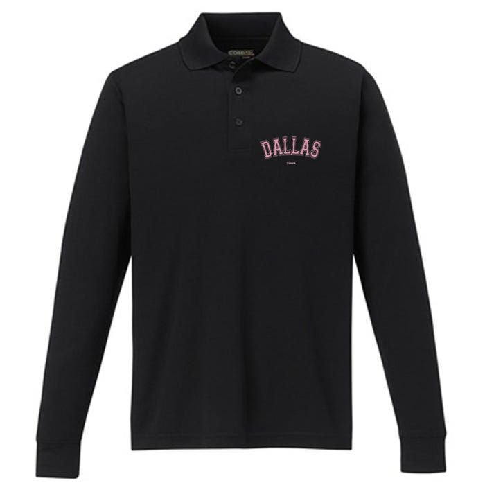 Pink Dallas Texas TX Varsity On Dallas Performance Long Sleeve Polo