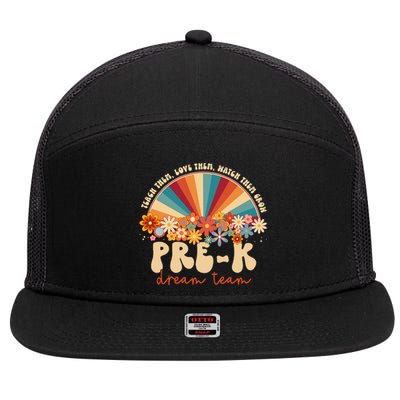 Prek Dream Team Retro Groovy Rainbow Back To School Teacher 7 Panel Mesh Trucker Snapback Hat