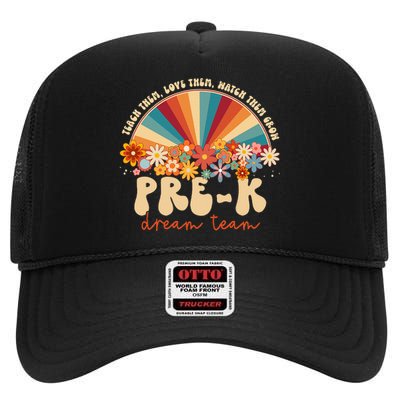 Prek Dream Team Retro Groovy Rainbow Back To School Teacher High Crown Mesh Back Trucker Hat