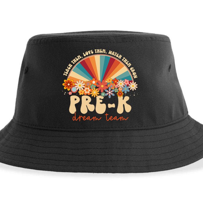 Prek Dream Team Retro Groovy Rainbow Back To School Teacher Sustainable Bucket Hat