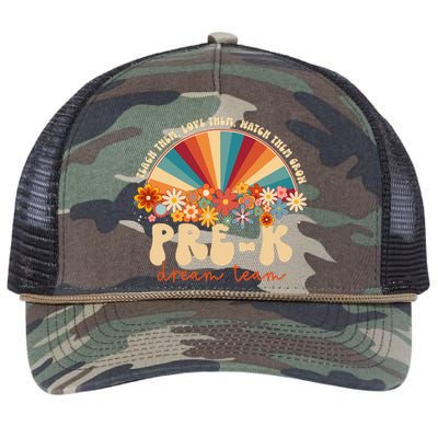 Prek Dream Team Retro Groovy Rainbow Back To School Teacher Retro Rope Trucker Hat Cap