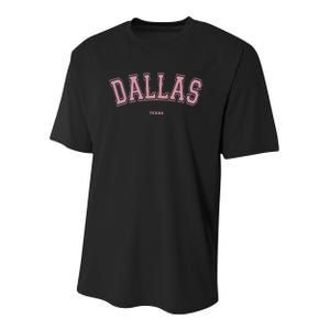 Pink Dallas Texas TX Varsity Style on Dallas Youth Performance Sprint T-Shirt