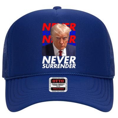 President Donald Trump 2024 Never Surrender Fingerprint USA High Crown Mesh Back Trucker Hat