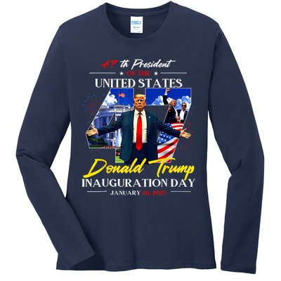 President Donald Trump Inauguration Day 2025 Photo Memorabilia Ladies Long Sleeve Shirt