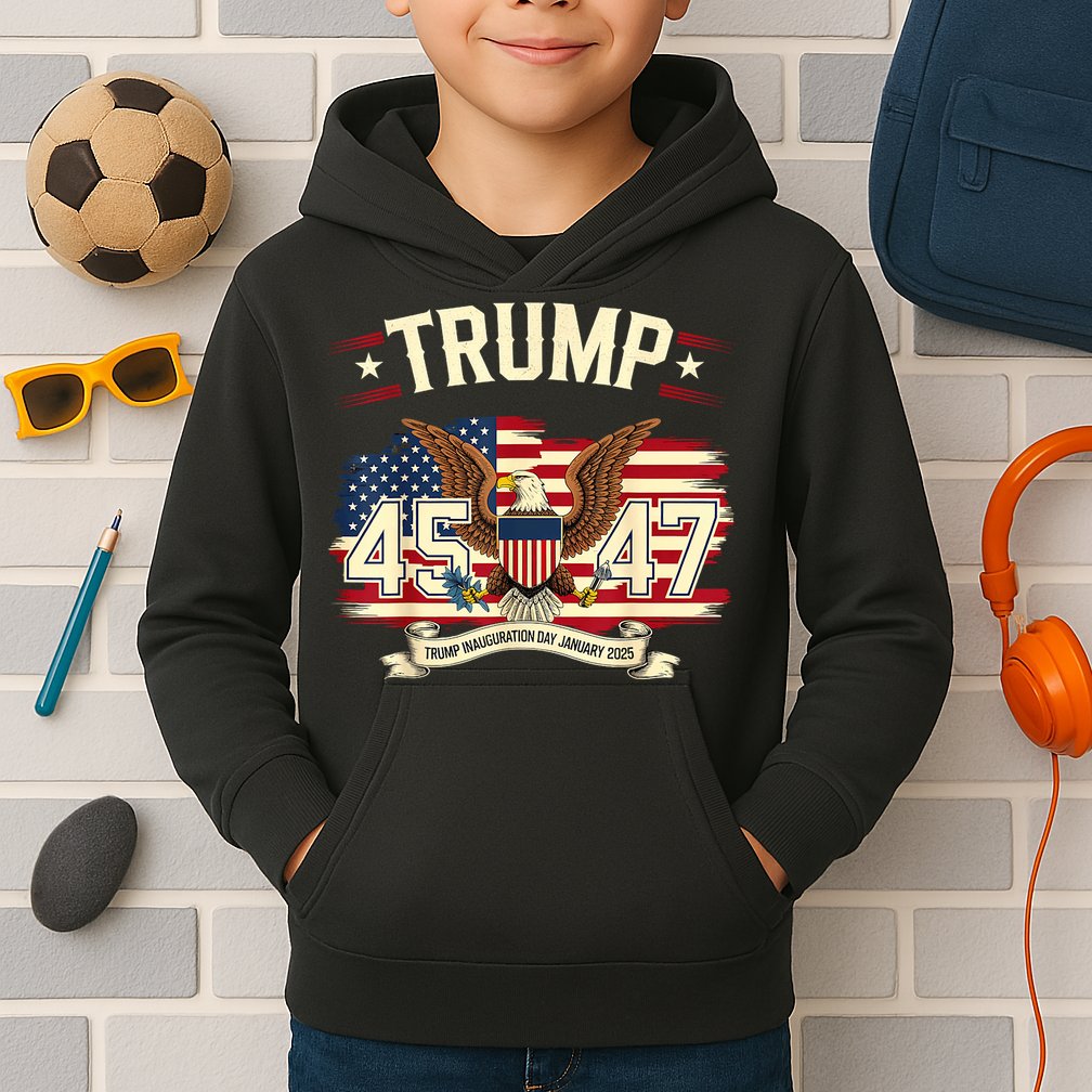 President Donald Trump Inauguration Day 2025 Memorabilia America Flag Design Kids Hoodie