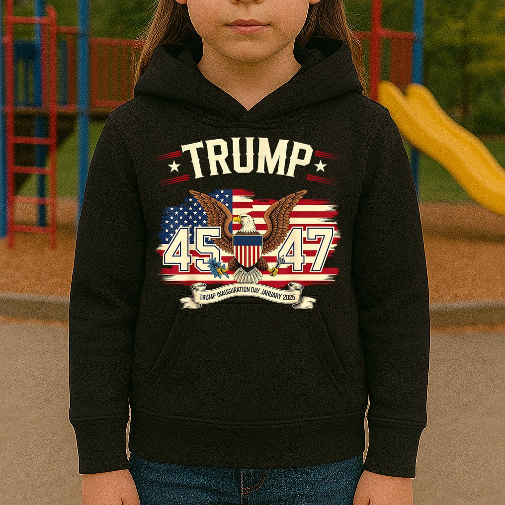 President Donald Trump Inauguration Day 2025 Memorabilia America Flag Design Kids Hoodie
