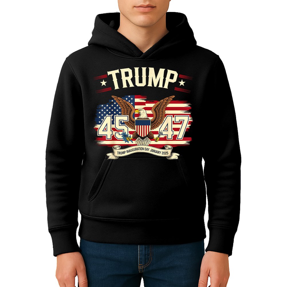 President Donald Trump Inauguration Day 2025 Memorabilia America Flag Design Kids Hoodie