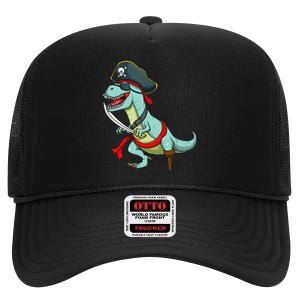 Pirate Dinosaur T Rex Funny Tyrannosaurus Halloween High Crown Mesh Back Trucker Hat