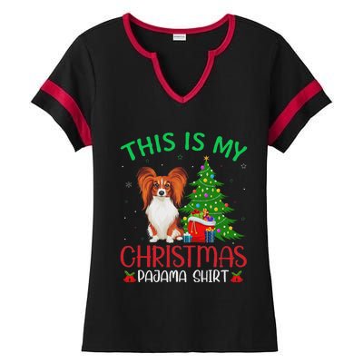 Papillon Dog Ugly Xmas Party This Is My Christmas Pajama Ladies Halftime Notch Neck Tee