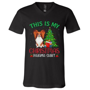 Papillon Dog Ugly Xmas Party This Is My Christmas Pajama V-Neck T-Shirt