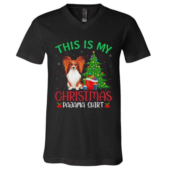 Papillon Dog Ugly Xmas Party This Is My Christmas Pajama V-Neck T-Shirt