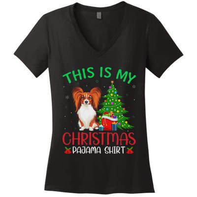 Papillon Dog Ugly Xmas Party This Is My Christmas Pajama Women's V-Neck T-Shirt