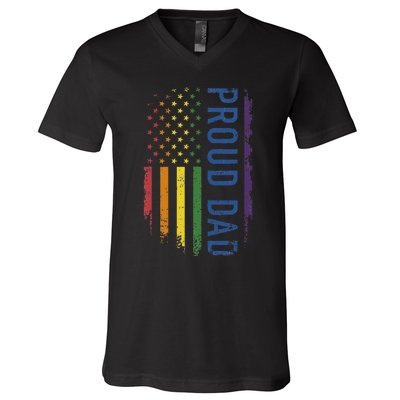 Proud Dad With US Rainbow Flag For Pride Month Family V-Neck T-Shirt