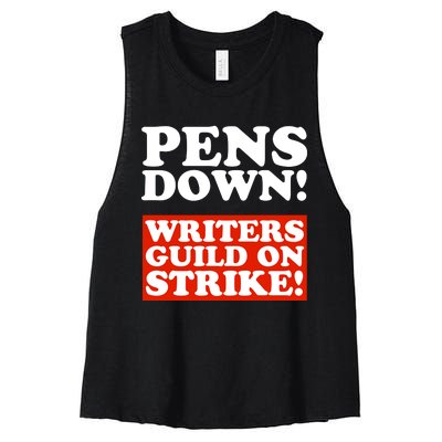 Pens Down Writers Guild On Strike Anti Ai Chatbots Wga Women's Racerback Cropped Tank