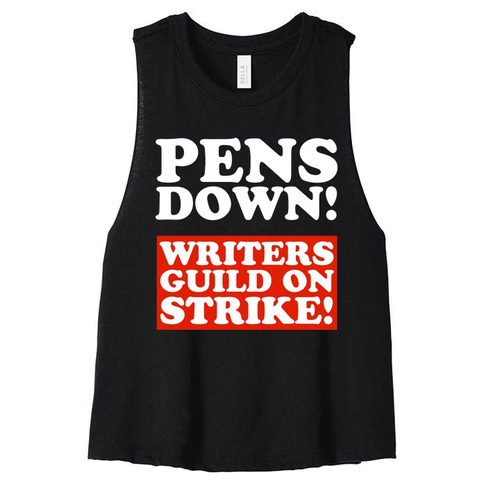 Pens Down Writers Guild On Strike Anti Ai Chatbots Wga Women's Racerback Cropped Tank