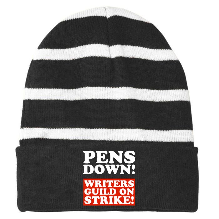 Pens Down Writers Guild On Strike Anti Ai Chatbots Wga Striped Beanie with Solid Band