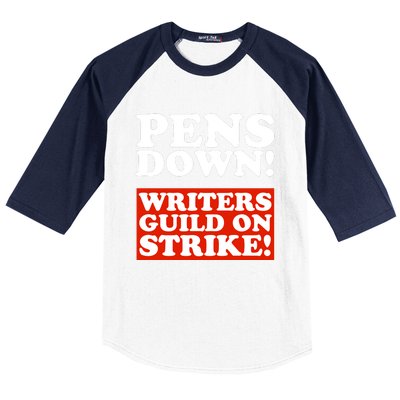 Pens Down Writers Guild On Strike Anti Ai Chatbots Wga Baseball Sleeve Shirt