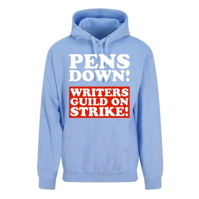 Pens Down Writers Guild On Strike Anti Ai Chatbots Wga Unisex Surf Hoodie