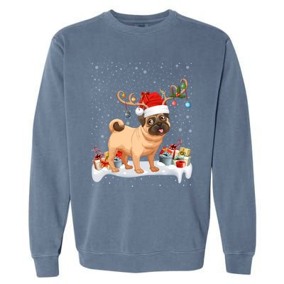 Pug Dog Xmas Lights Reindeer Santa Pug Christmas Gift Garment-Dyed Sweatshirt