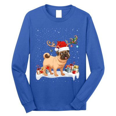 Pug Dog Xmas Lights Reindeer Santa Pug Christmas Gift Long Sleeve Shirt