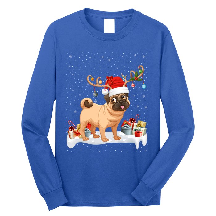 Pug Dog Xmas Lights Reindeer Santa Pug Christmas Gift Long Sleeve Shirt