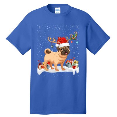 Pug Dog Xmas Lights Reindeer Santa Pug Christmas Gift Tall T-Shirt