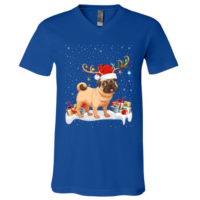 Pug Dog Xmas Lights Reindeer Santa Pug Christmas Gift V-Neck T-Shirt