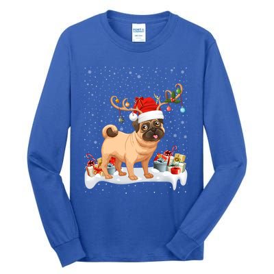 Pug Dog Xmas Lights Reindeer Santa Pug Christmas Gift Tall Long Sleeve T-Shirt