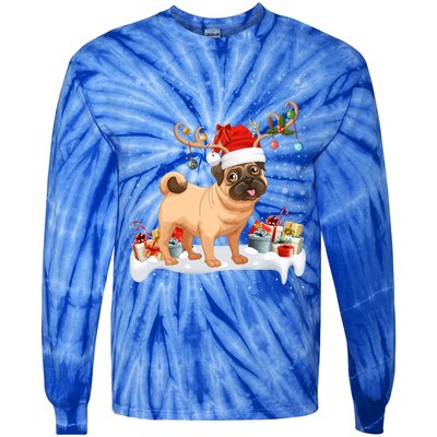 Pug Dog Xmas Lights Reindeer Santa Pug Christmas Gift Tie-Dye Long Sleeve Shirt