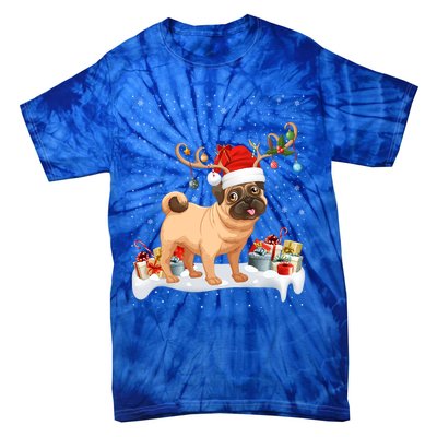 Pug Dog Xmas Lights Reindeer Santa Pug Christmas Gift Tie-Dye T-Shirt