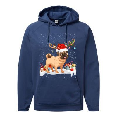 Pug Dog Xmas Lights Reindeer Santa Pug Christmas Gift Performance Fleece Hoodie