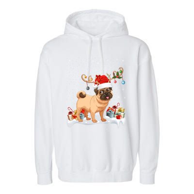 Pug Dog Xmas Lights Reindeer Santa Pug Christmas Gift Garment-Dyed Fleece Hoodie